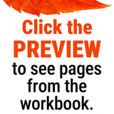 Text overlay on a white background with an orange leaf, encouraging viewers to click 'PREVIEW' for workbook pages.