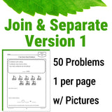 word problem worksheet with text 'Join & Separate Version 1' and a sample problem, surrounded by green leaves on a white background.