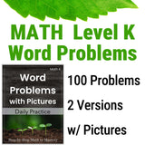 Math Level K Word Problems book with green leaves on a white background