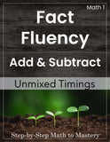 Math workbook cover with text 'Fact Fluency Add & Subtract Unmixed Timings' on a wooden and green background.