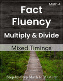 Cover of a math workbook titled 'Fact Fluency Multiply & Divide' with a wooden path and forest background.