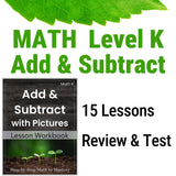 Math Level K Add & Subtract workbook with green leaves on a white background