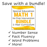 Promotional graphic for a Special Education Math 1 No Prep Intervention Bundle with text and a yellow and white design.