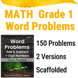 Book cover of 'Math Grade 1 Word Problems' with text about word problems and problem types.