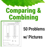 word problem worksheet titled 'Comparing & Combining' with a sample problem and green leaves at the top.