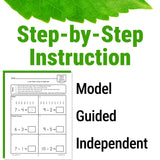 Educational worksheet with arithmetic problems and text about step-by-step instruction, model, guided, and independent learning.