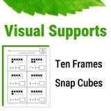 Educational worksheet with ten frames and snap cubes for visual supports, featuring a green leaf on a white background.