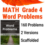 Workbook cover of 'Math Grade 4 Word Problems' with text and images of a leaf and a path.