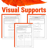 Math word problem worksheets with text 'Visual Supports' at the top, featuring various math problems and diagrams.