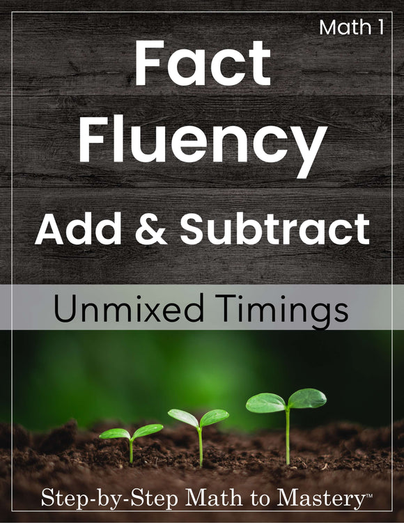 Math workbook cover with text 'Fact Fluency Add & Subtract Unmixed Timings' on a wooden and green background.
