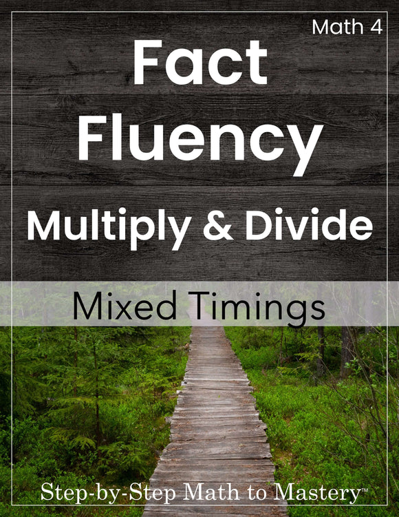 Cover of a math workbook titled 'Fact Fluency Multiply & Divide' with a wooden path and forest background.
