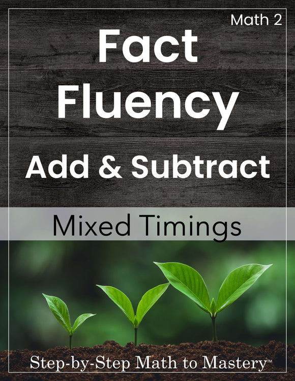 Math workbook cover with 'Fact Fluency Add & Subtract Mixed Timings' text on a wooden and green leaf background.