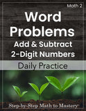 Book cover of 'Word Problems Add & Subtract 2-Digit Numbers' with a wooden background and green plants.