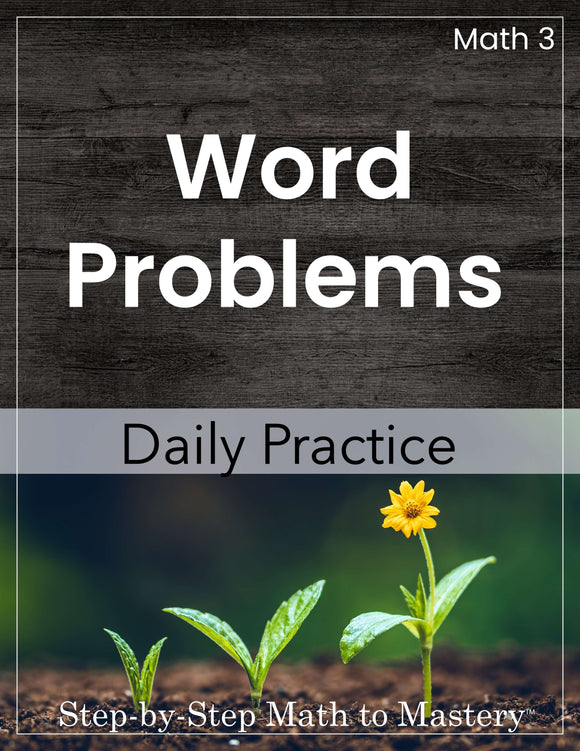Book cover of 'Word Problems Daily Practice' with a wooden background and a flower image.