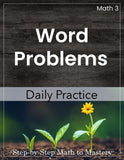 Book cover of 'Word Problems Daily Practice' with a wooden background and a flower image.