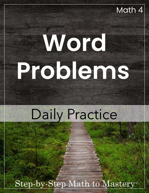 Cover of a math workbook titled 'Word Problems Daily Practice Grade 4' with a wooden path and greenery design.
