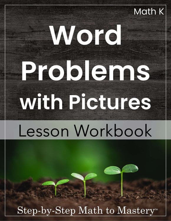 Book cover of 'Word Problems with Pictures' lesson workbook on a wooden background with greenery at the bottom.