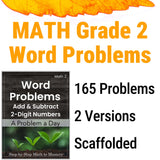 Math Grade 2 Word Problems book with text about problems and versions on a white background.