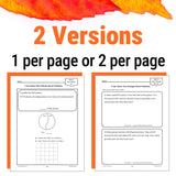 math word problem worksheet with two versions displayed, one per page and two per page, on a white background with orange and red watercolor leaves.