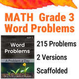 Math Grade 3 Word Problems book cover with text and images of leaves and a flower.