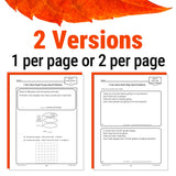 Math word problem worksheet with two versions on a white background with an orange leaf.