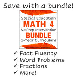 Promotional graphic for a 4th grade math intervention bundle with text and an orange leaf design.