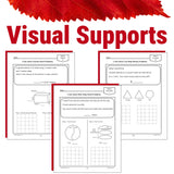 math word problem worksheets with visual supports on a white background with a red leaf.