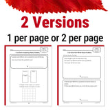 Two versions of a math worksheet with red leaves on a white background
