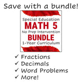 Promotional graphic for a 5th grade math curriculum bundle with text and red leaf graphics on a white background.