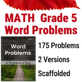 workbook cover of 'Math Grade 5 Word Problems' with text and a red leaf on a white background.